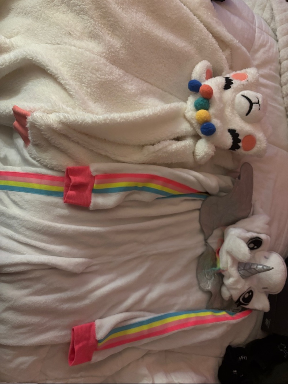 Kids Plush Unicorn/Llama Hooded Onesie - White with Rainbow Trim